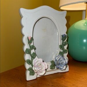 Vintage White Ceramic Frame with Pink and Blue Roses 5x7”